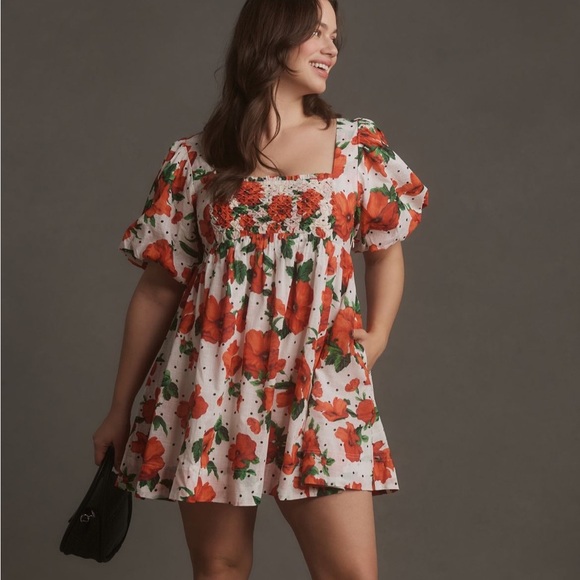 Maeve Square Neck Smocked Babydoll Dress Red Floral Side Zip Sz 1X NEW - Picture 1 of 15